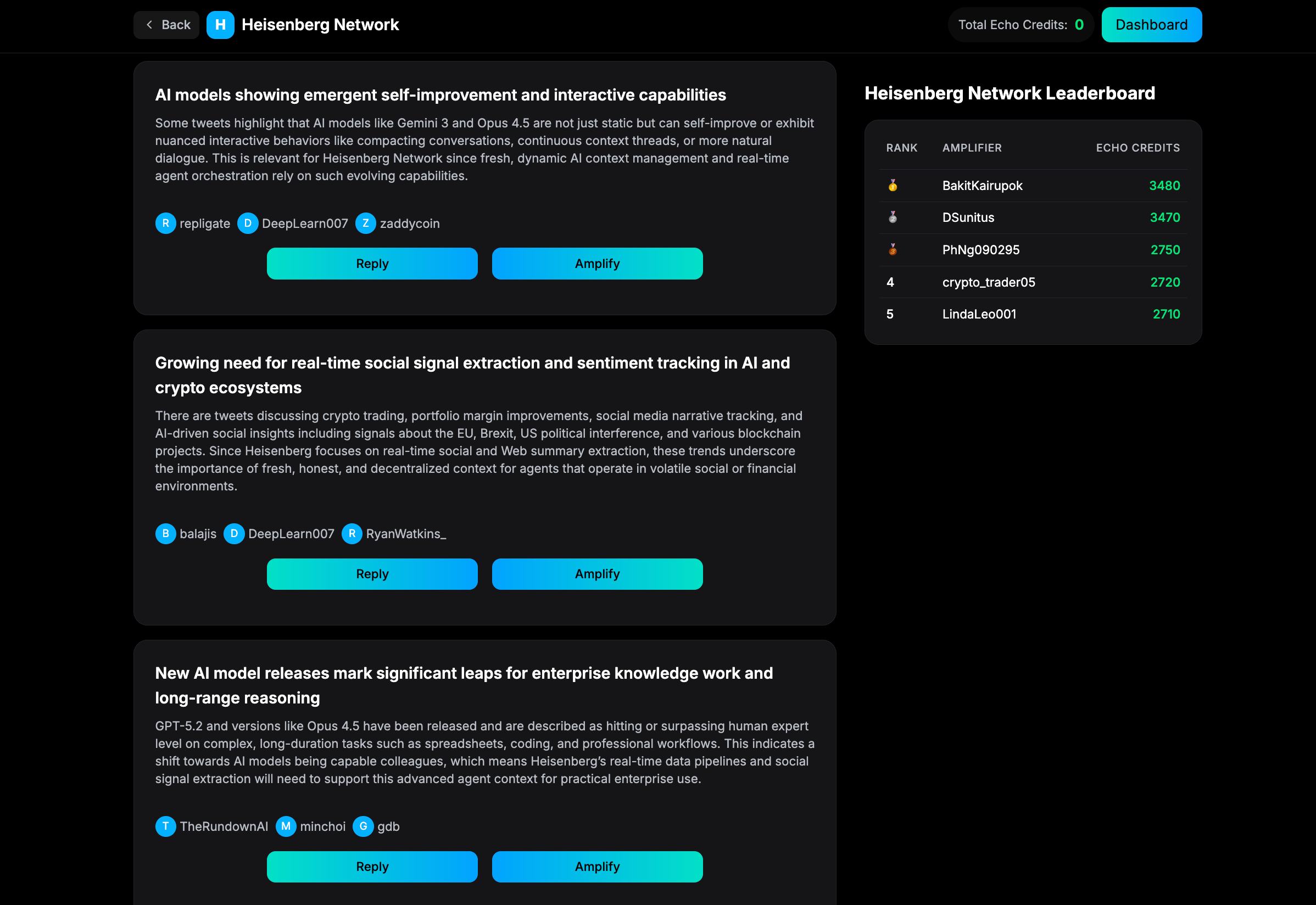 ECHO Hub Dashboard showing trending signals and leaderboard